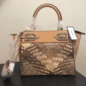 Nine West Gleam Team Woven Camel Faux Leather Satchel Shoulder Bag